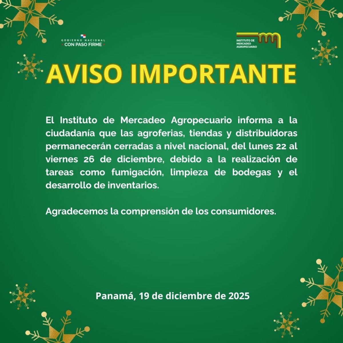 IMA suspende atención en agroferias y tiendas del 22 al 26 de diciembre