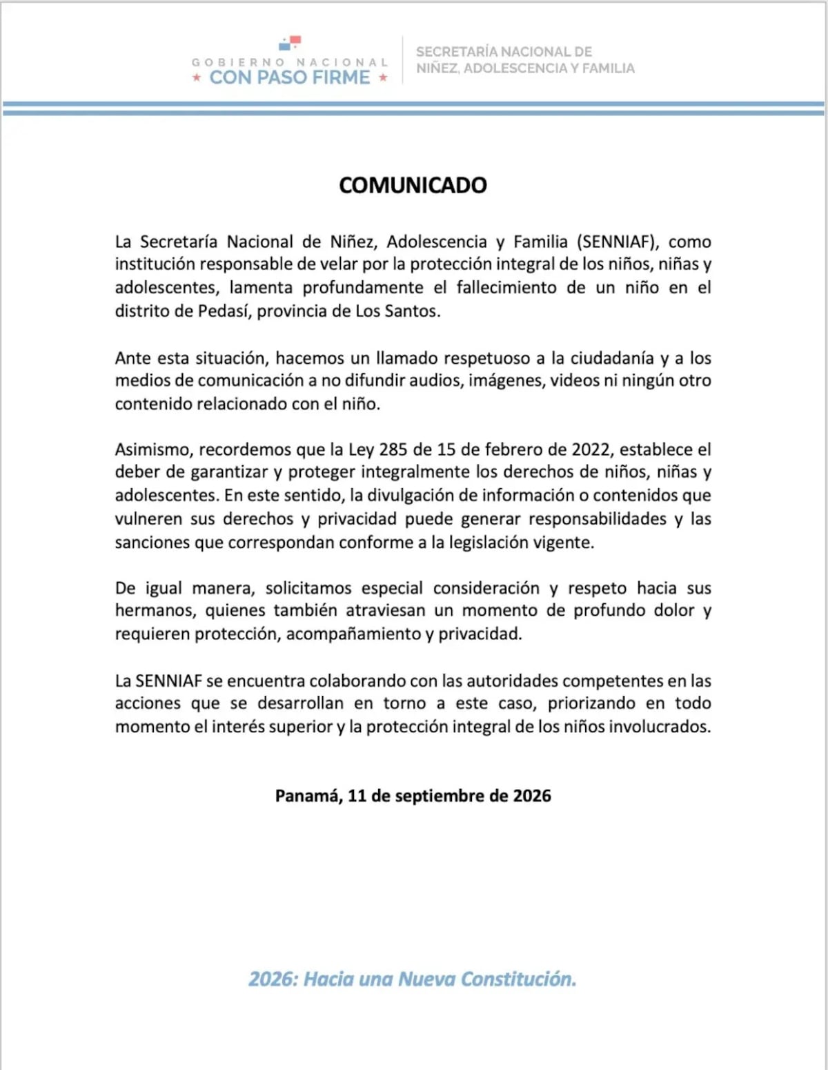 Senniaf se pronuncia tras muerte de niño en Pedasí y pide proteger su privacidad