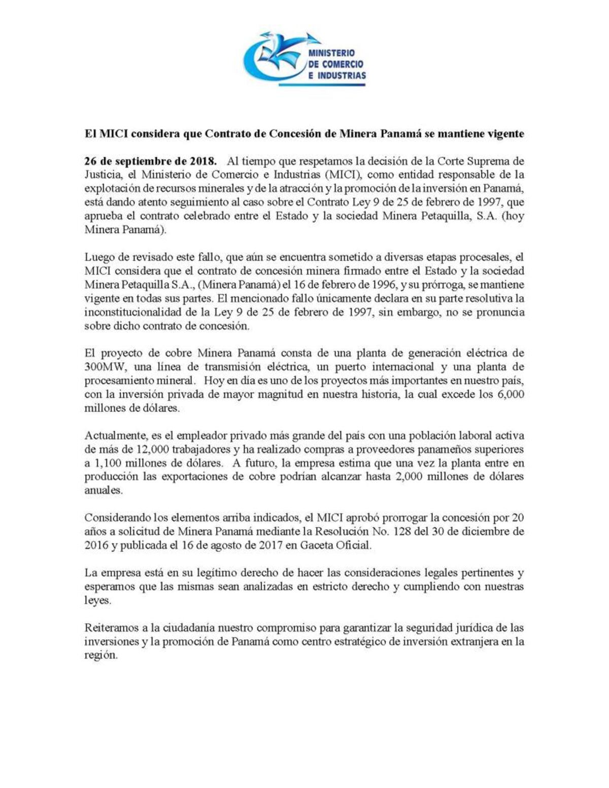 El MICI asegura que contrato con Minera Panamá sigue vigente