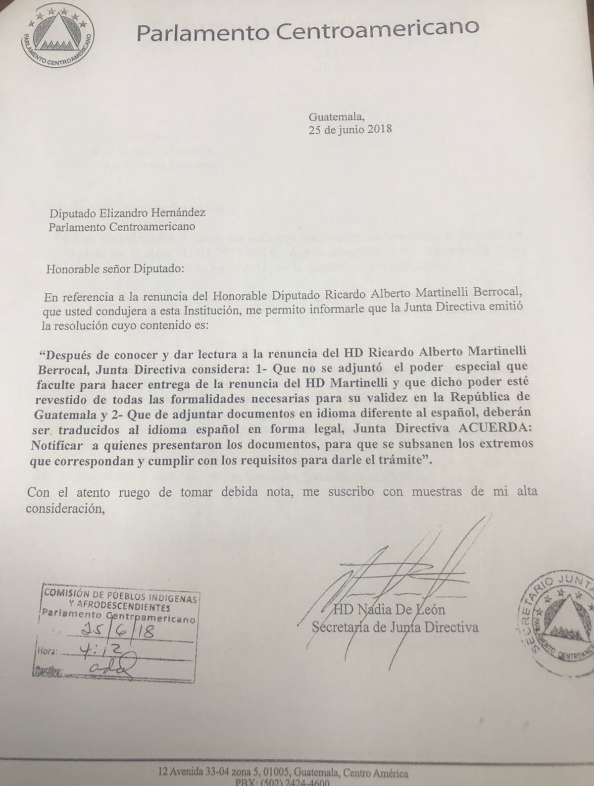 Renuncia de Martinelli al Parlacen aún no se oficializa