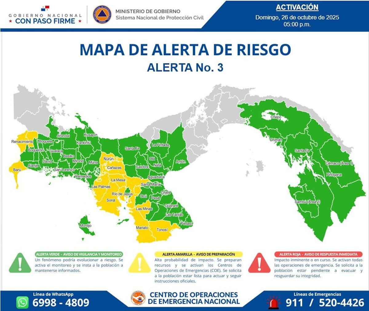 Sinaproc activa Alerta Amarilla en varias provincias del país