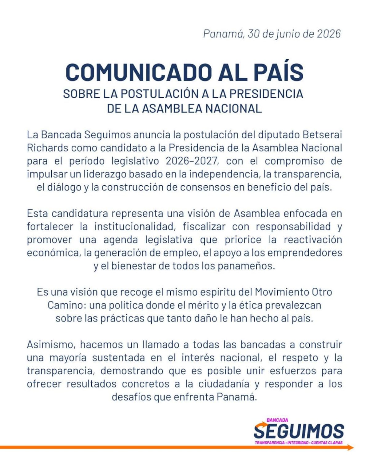 Bancada Seguimos postula a Betserai Richards para presidir la Asamblea