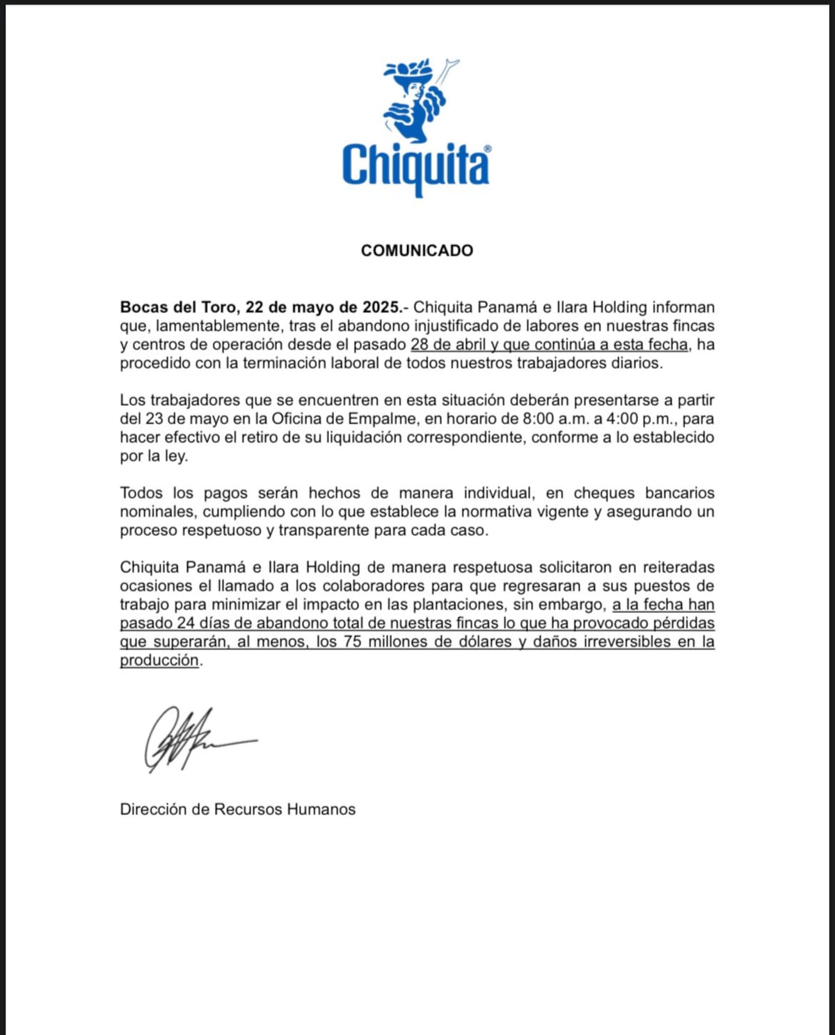 Chiquita Panamá bota a todos sus jornaleros tras 24 días de huelga en Bocas