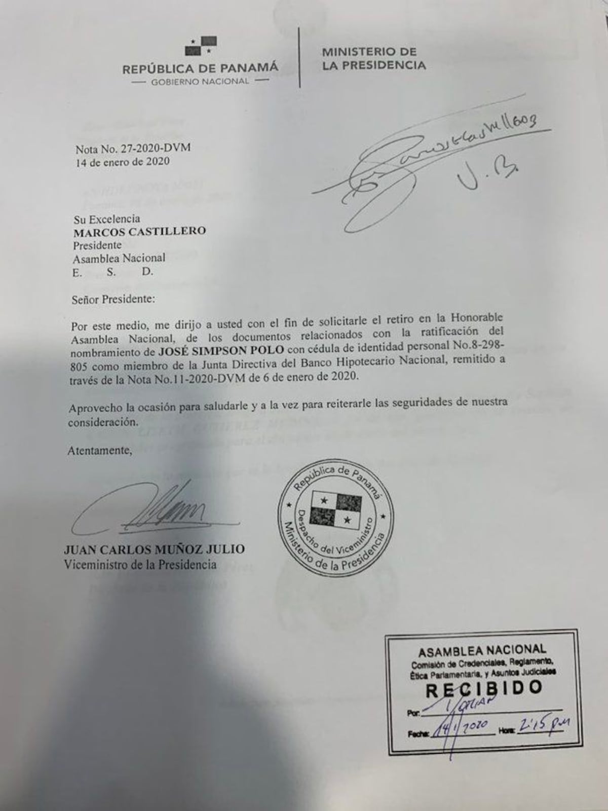 Cortizo retira nombramiento de funcionario para una tercera junta directiva; Juan Diego se pronuncia