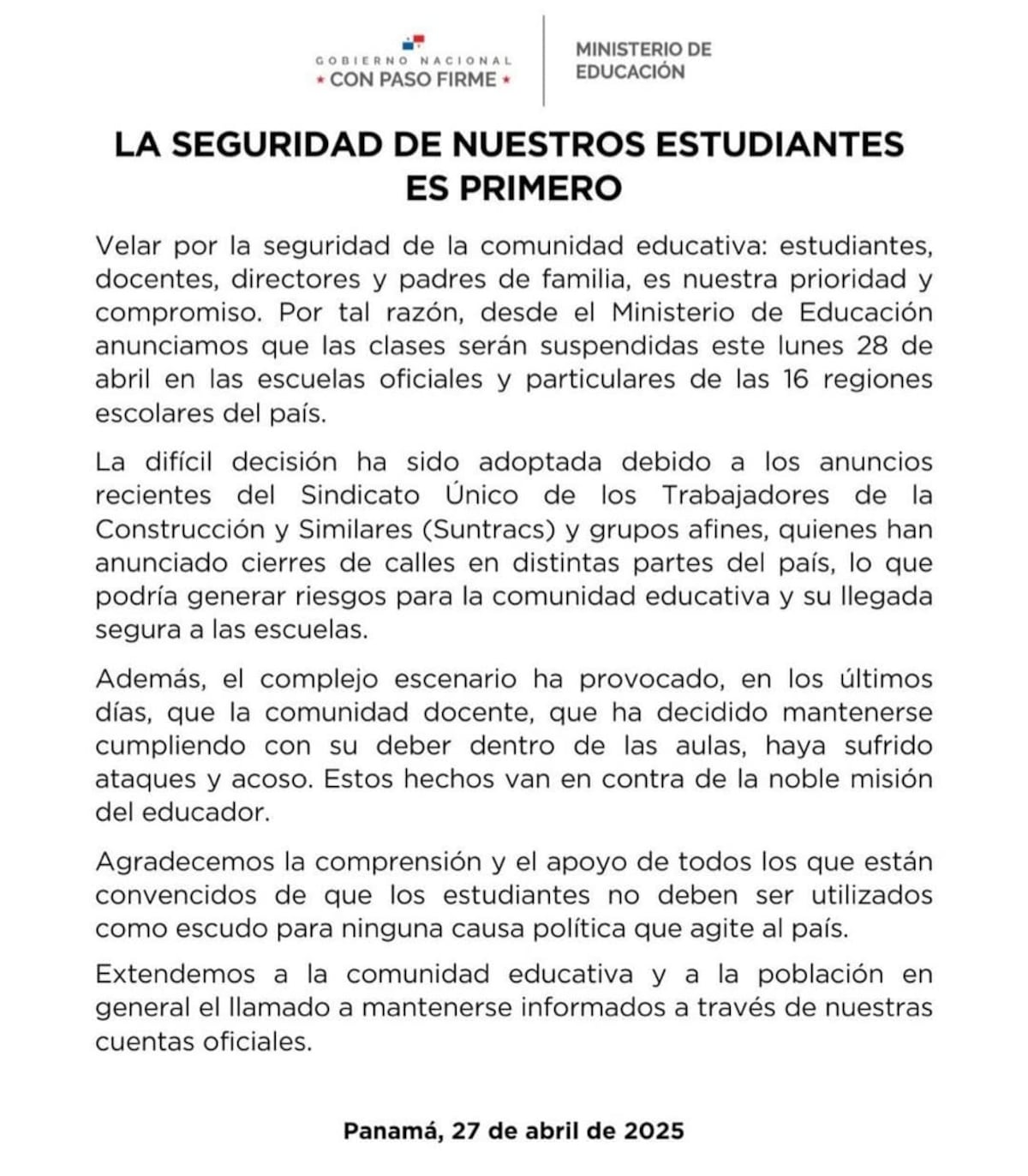 ¡Última hora! Meduca anuncia suspensión de clases