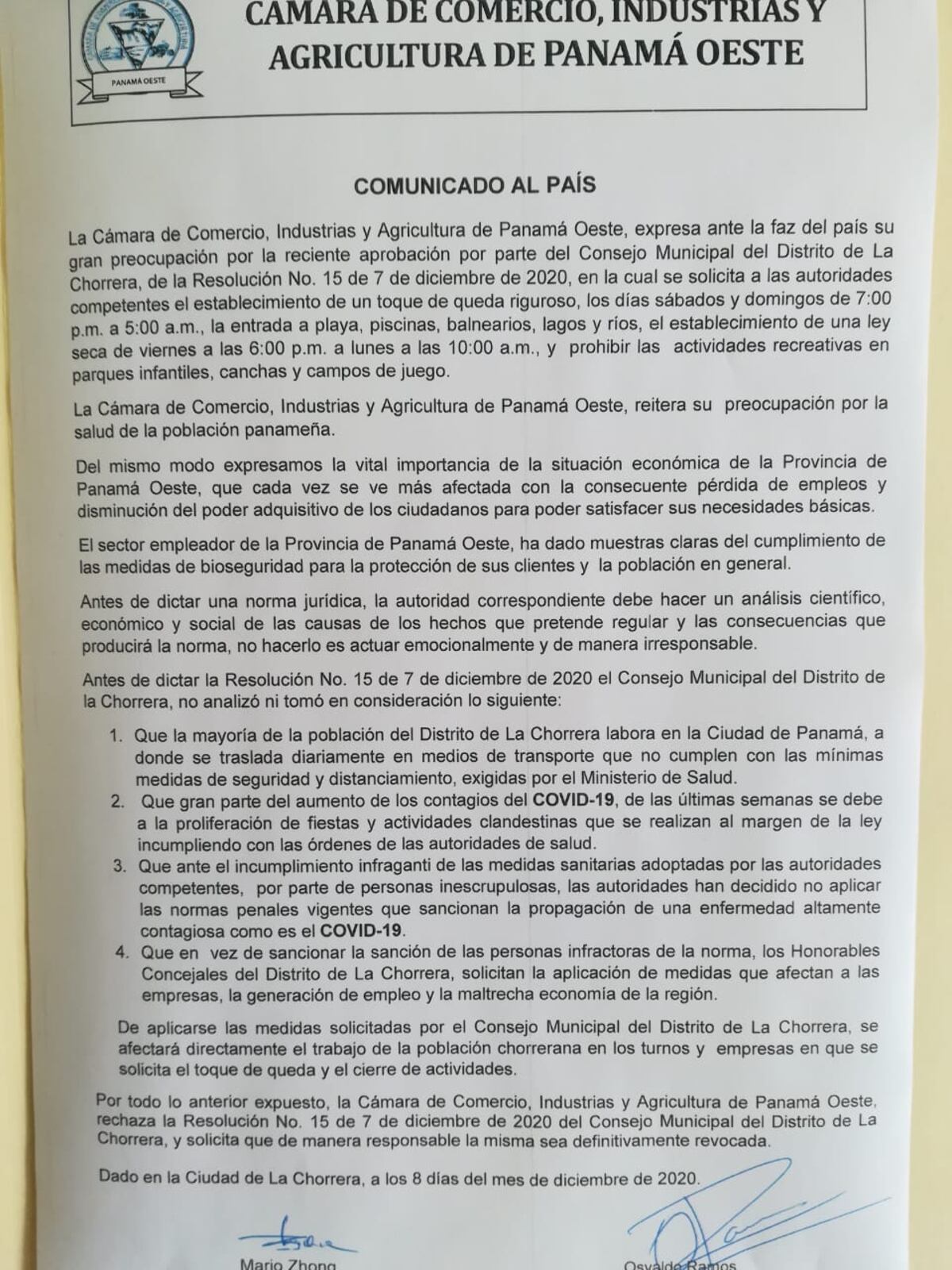 Cámara de Comercio de Panamá Oeste no está de acuerdo con la propuesta del Consejo de La Chorrera 