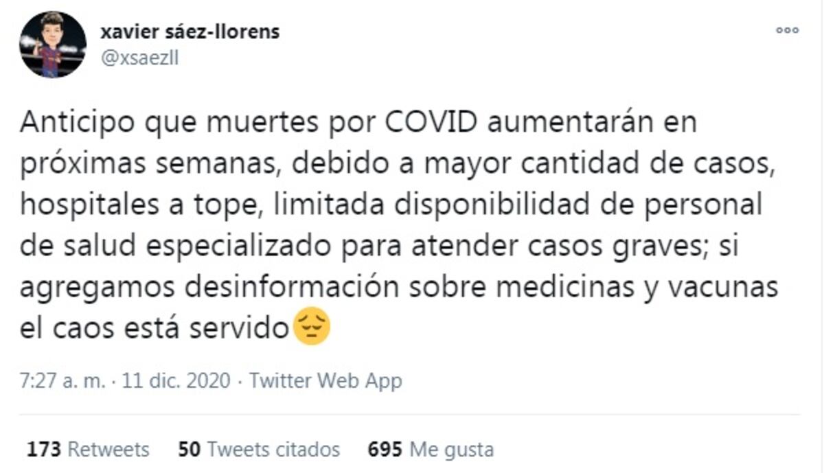 ‘Anticipo que muertes por covid aumentará en las próximas semanas... el caos está servido’, ‘, vaticina el Dr. Xavier Sáez Llorens