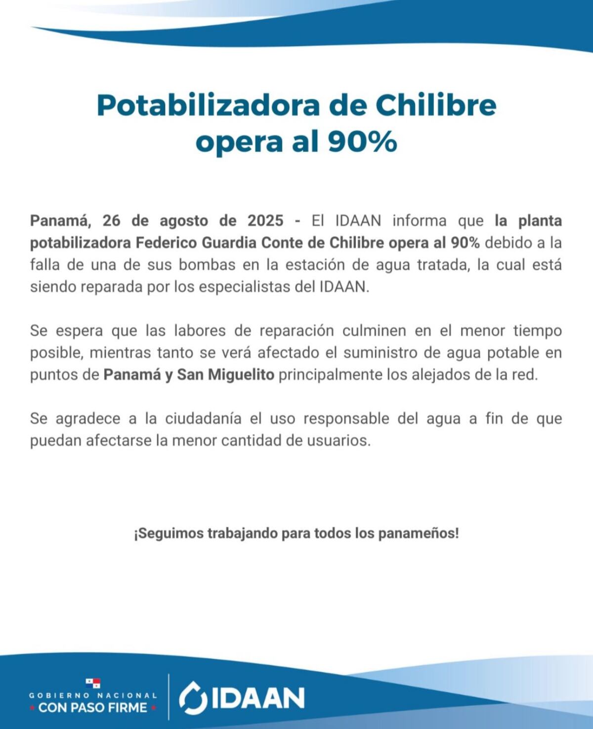Otra vez la potabilizadora: daño en Chilibre golpea a barrios de Panamá y San Miguelito