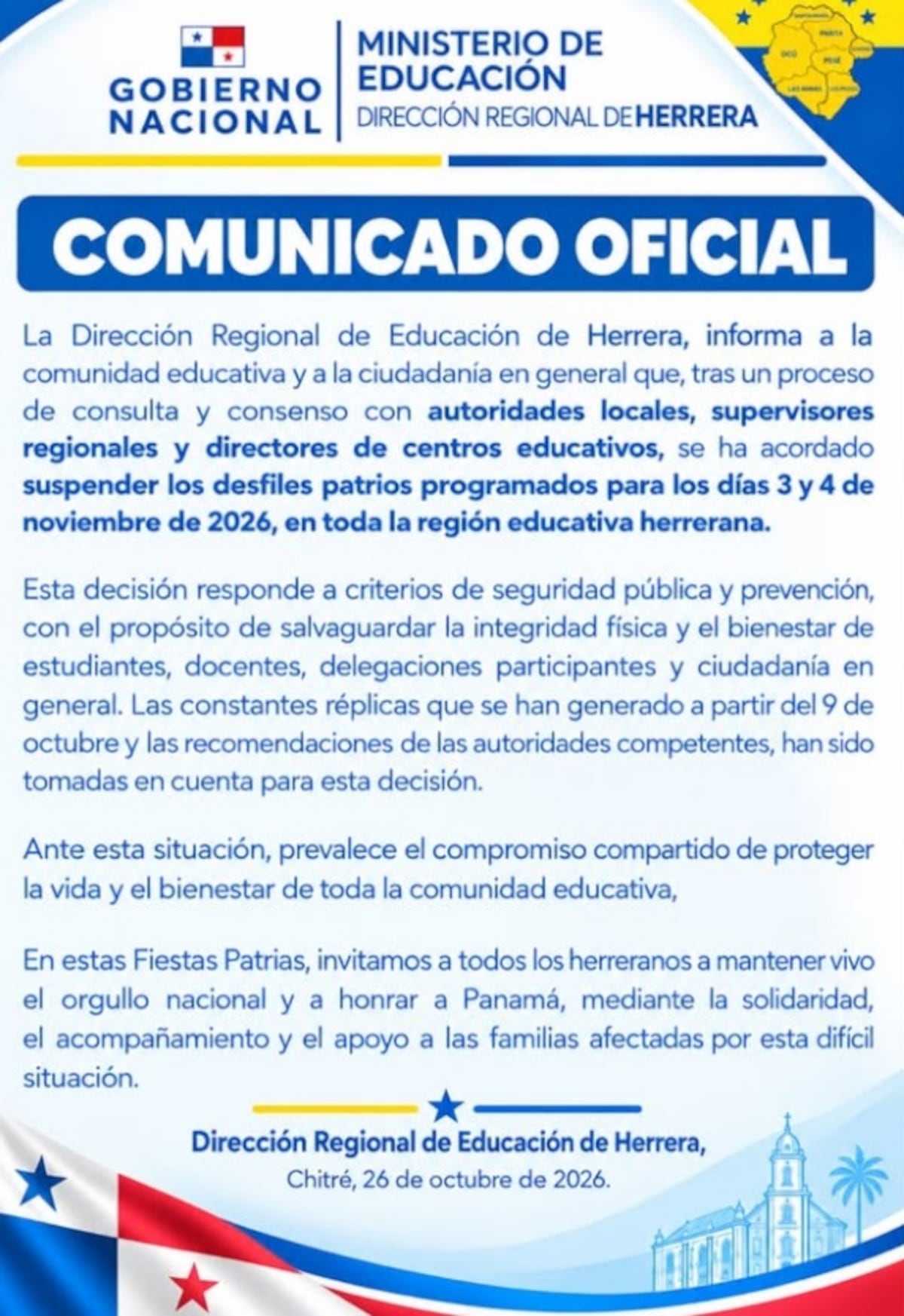 Desfiles: Los Santos, Herrera, Veraguas y Coclé cancelan festividades del 3 y 4 de noviembre