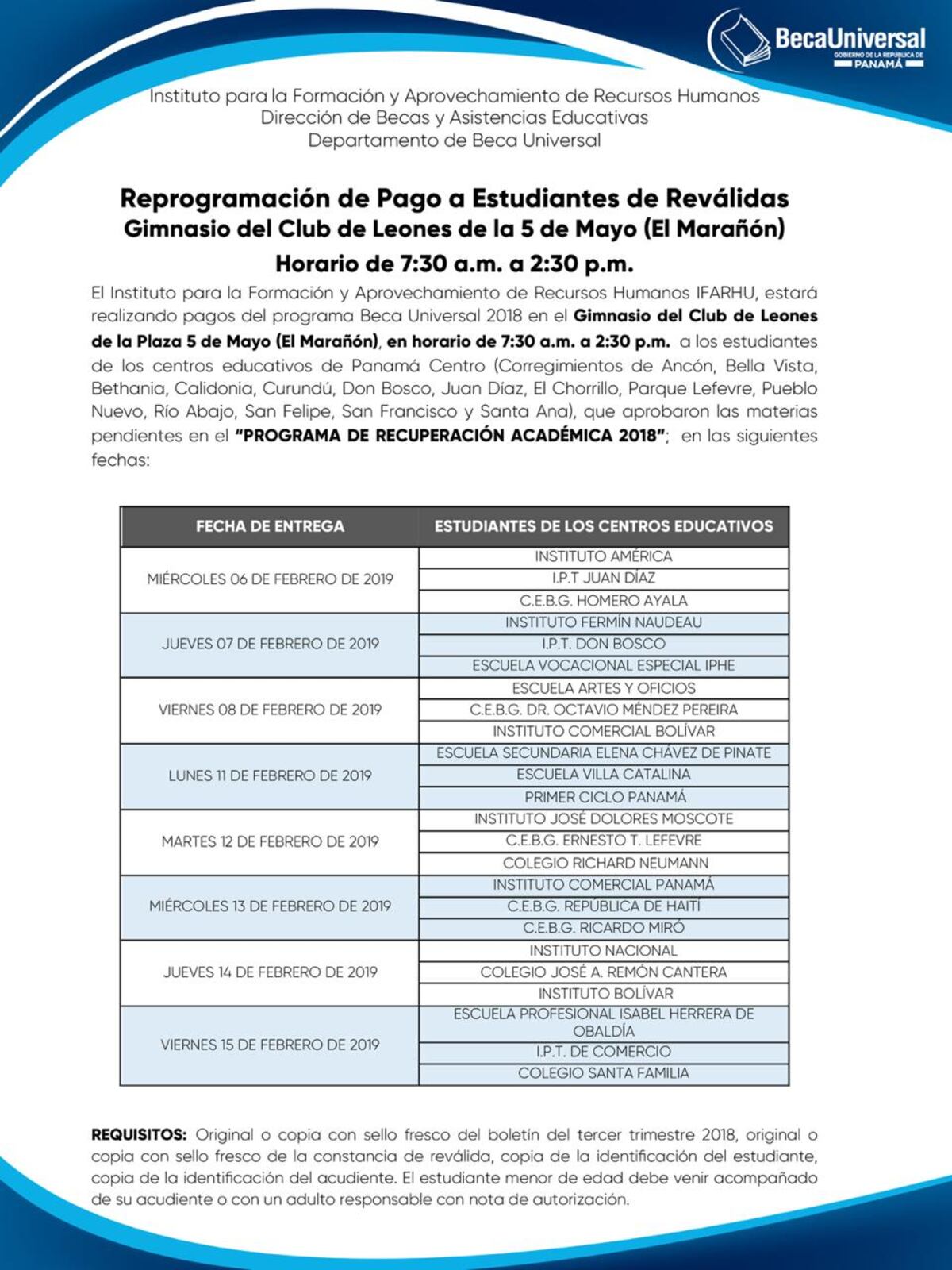 Este es el calendario de entrega de Beca Universal para estudiantes de reválida
