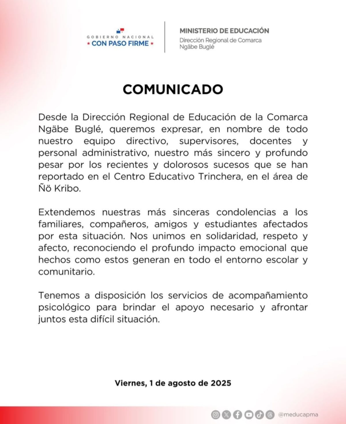 Meduca emite comunicado  tras fallecimiento de alumna en la comarca Ngäbe-Buglé