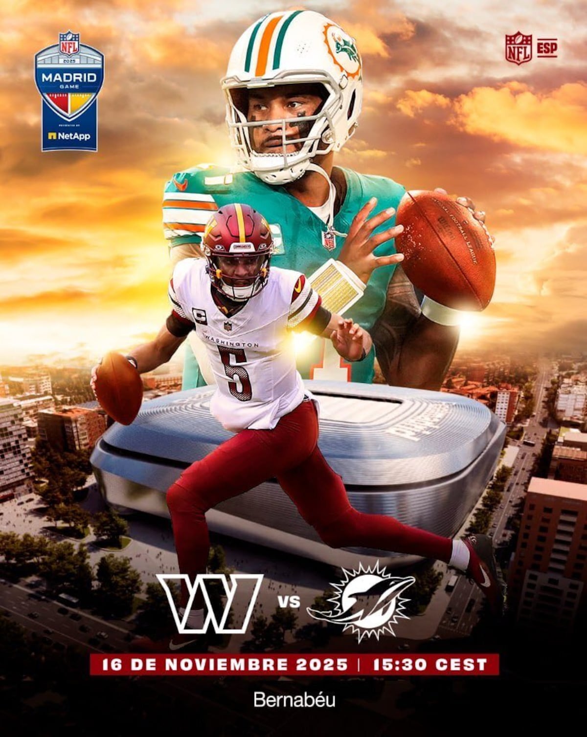 El Bernabéu se vuelve NFL: Dolphins vs. Commanders en domingo histórico en España