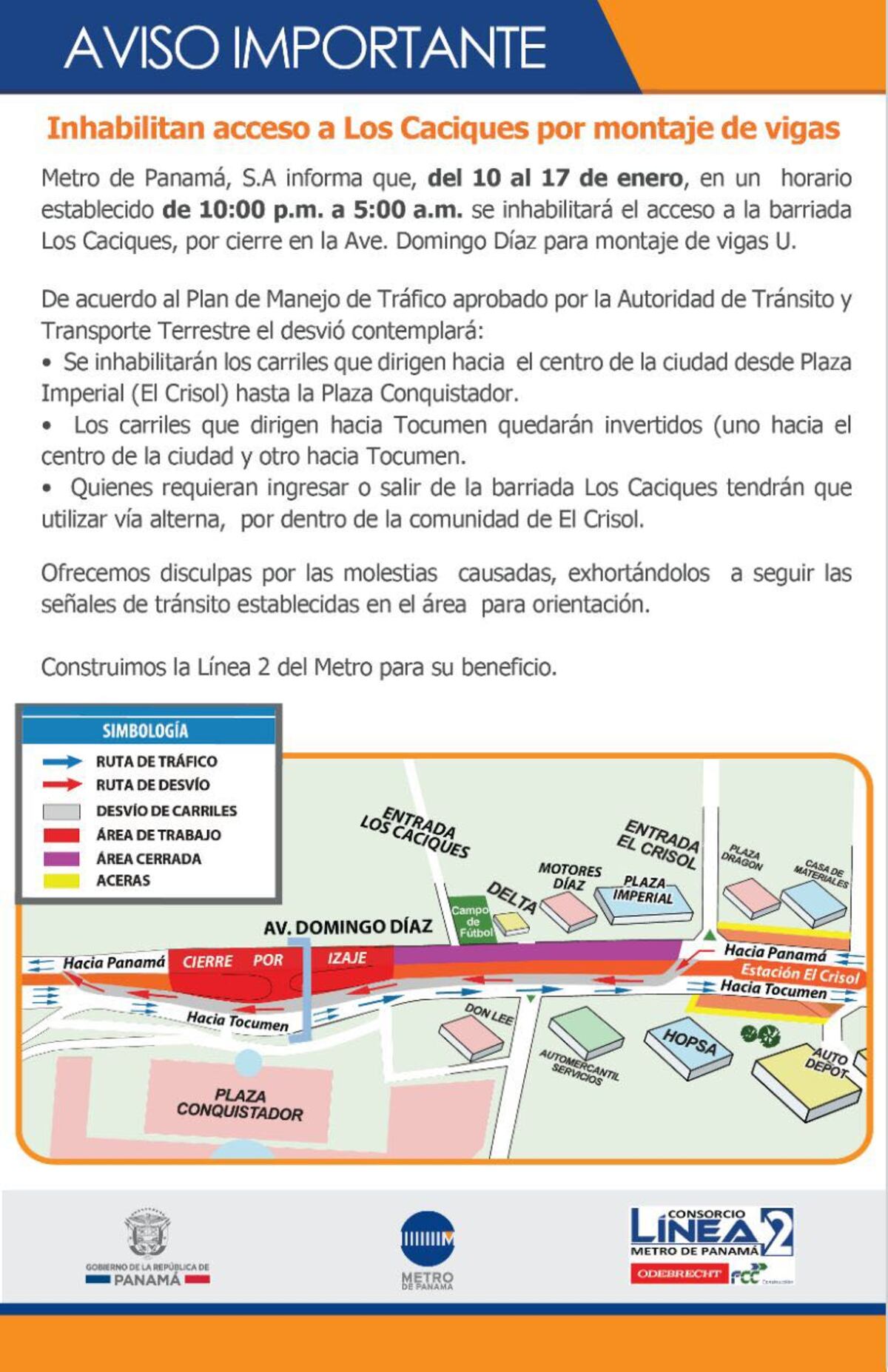 Montaje de vigas U del Metro obligan a cierres frente a Plaza Conquistador